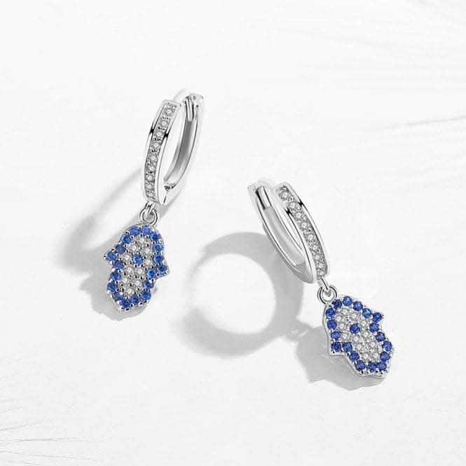 Sterling Silver Rhodium Plated Hand Of Fatima Hoop Earrings ERLE084