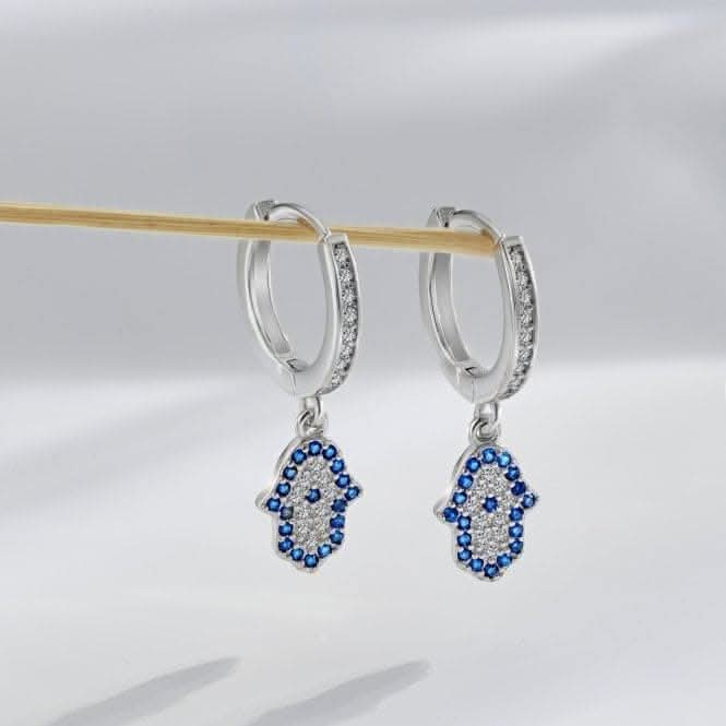 Sterling Silver Rhodium Plated Hand Of Fatima Hoop Earrings ERLE084