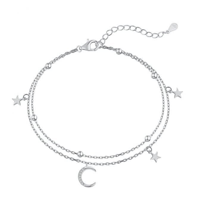 Sterling Silver Rhodium Plated Moon And Stars Charm Bracelet ERLB019