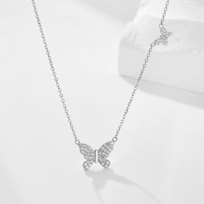 Sterling Silver Rhodium Plated Sparkling Butterfly Necklace ERLN023