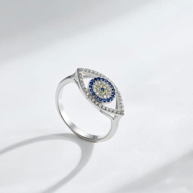 Sterling Silver Rhodium Plated Sparkling Zirconia Evil Eye Ring ERLR010