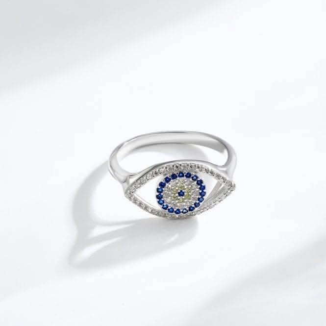 Sterling Silver Rhodium Plated Sparkling Zirconia Evil Eye Ring ERLR010