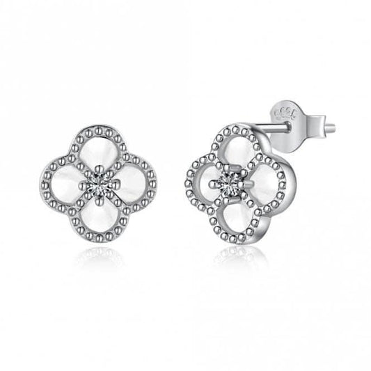 Sterling Silver Rhodium Plated White Lucky 4 Leaf Earrings ERLE079