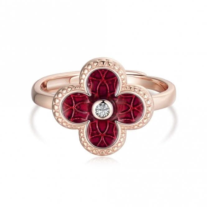 Sterling Silver Rose Gold Plated Adjustable Red Lucky 4 Leaf Ring ERLR006