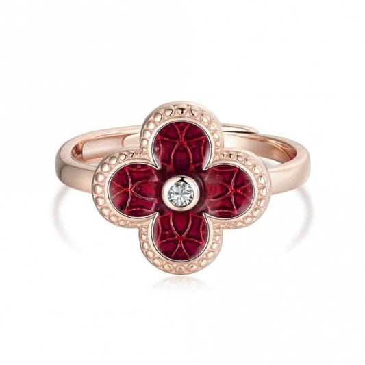 Sterling Silver Rose Gold Plated Adjustable Red Lucky 4 Leaf Ring ERLR006