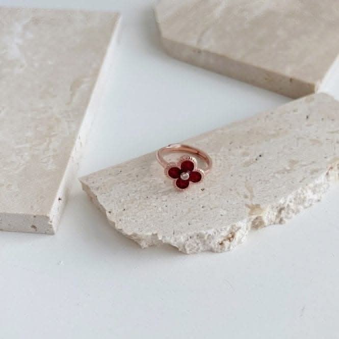 Sterling Silver Rose Gold Plated Adjustable Red Lucky 4 Leaf Ring ERLR006