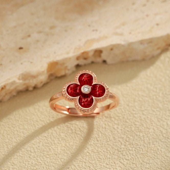 Sterling Silver Rose Gold Plated Adjustable Red Lucky 4 Leaf Ring ERLR006