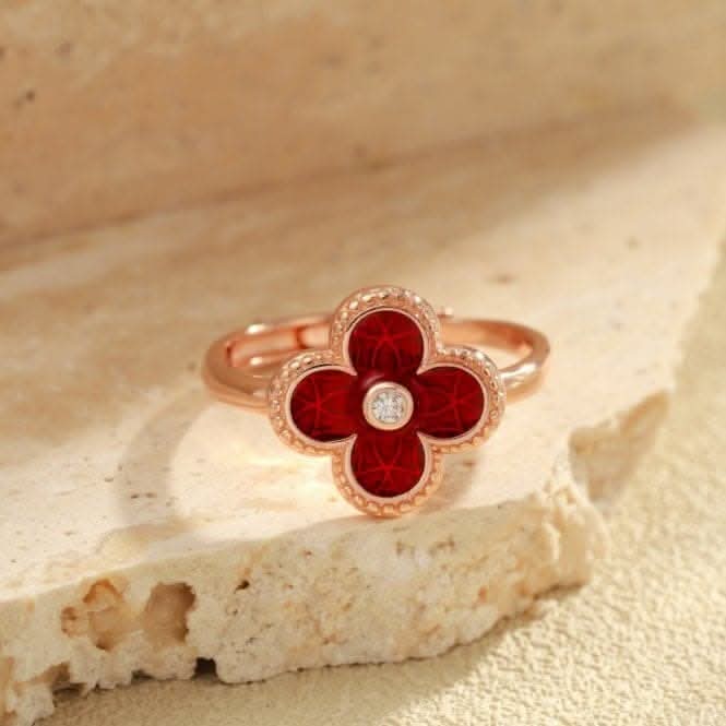Sterling Silver Rose Gold Plated Adjustable Red Lucky 4 Leaf Ring ERLR006