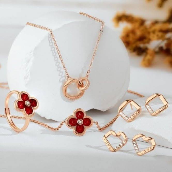 Sterling Silver Rose Gold Plated Red Lucky 4 Leaf Bracelet ERLB041