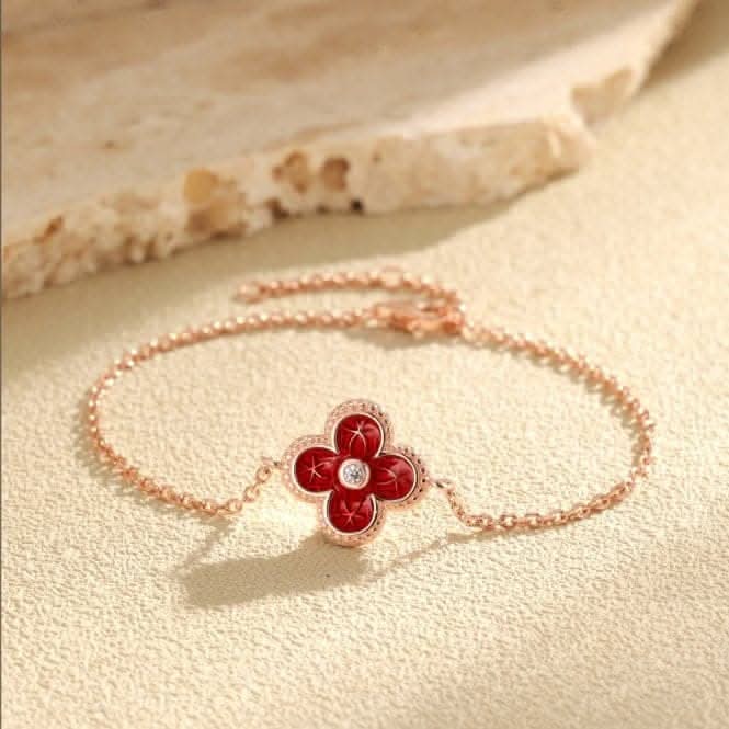 Sterling Silver Rose Gold Plated Red Lucky 4 Leaf Bracelet ERLB041