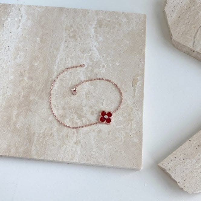 Sterling Silver Rose Gold Plated Red Lucky 4 Leaf Bracelet ERLB041