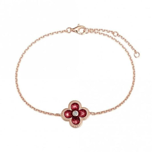 Sterling Silver Rose Gold Plated Red Lucky 4 Leaf Bracelet ERLB041