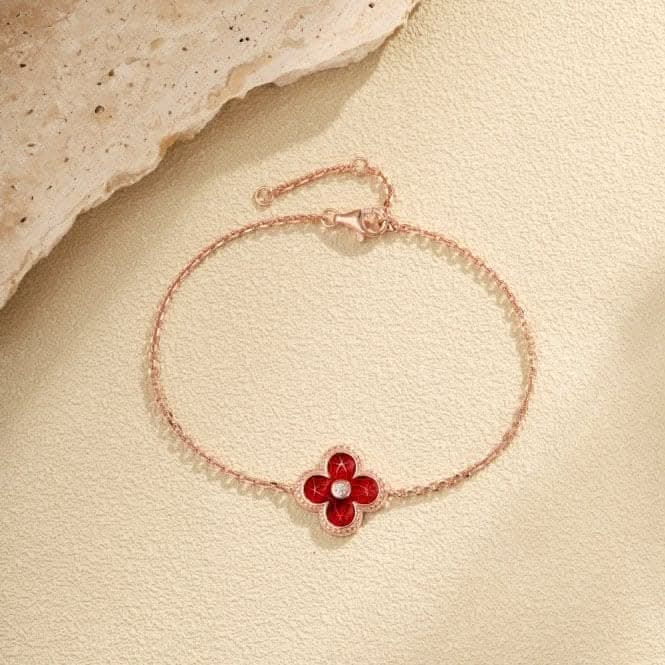 Sterling Silver Rose Gold Plated Red Lucky 4 Leaf Bracelet ERLB041