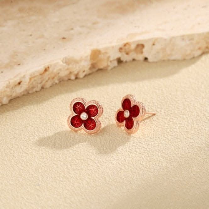 Sterling Silver Rose Gold Plated Red Lucky 4 Leaf Earrings ERLE077