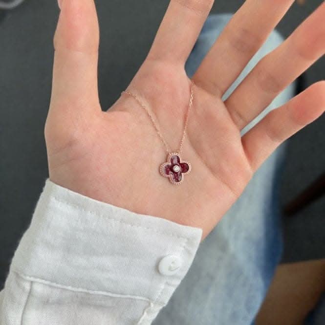 Sterling Silver Rose Gold Plated Red Lucky 4 Leaf Necklace ERLN030