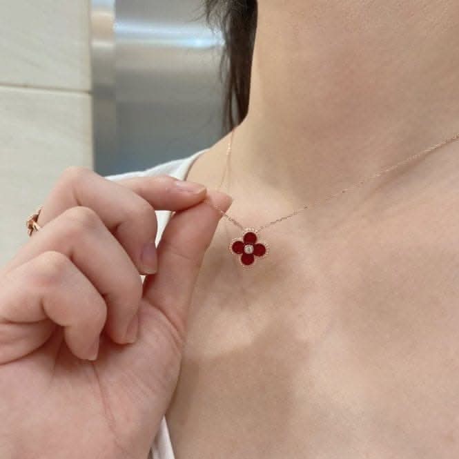 Sterling Silver Rose Gold Plated Red Lucky 4 Leaf Necklace ERLN030