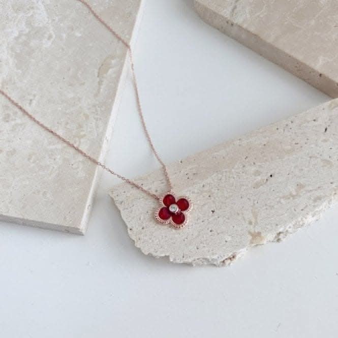 Sterling Silver Rose Gold Plated Red Lucky 4 Leaf Necklace ERLN030