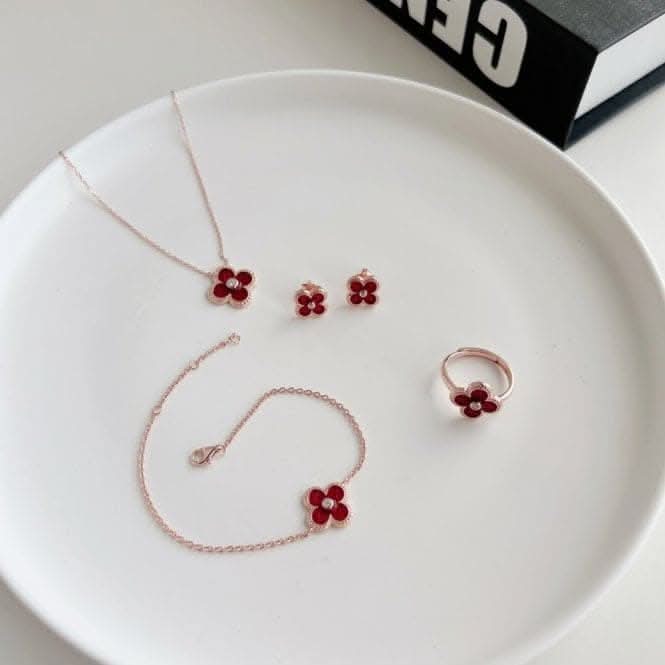 Sterling Silver Rose Gold Plated Red Lucky 4 Leaf Necklace ERLN030