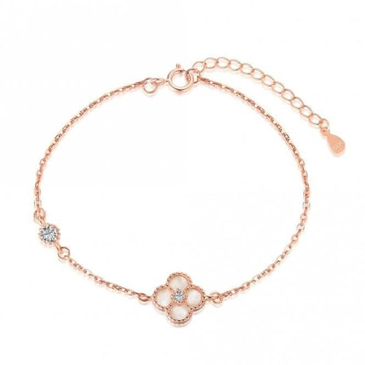 Sterling Silver Rose Gold Plated White Lucky 4 Leaf Bracelet ERLB043