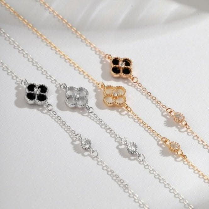 Sterling Silver Rose Gold Plated White Lucky 4 Leaf Bracelet ERLB043