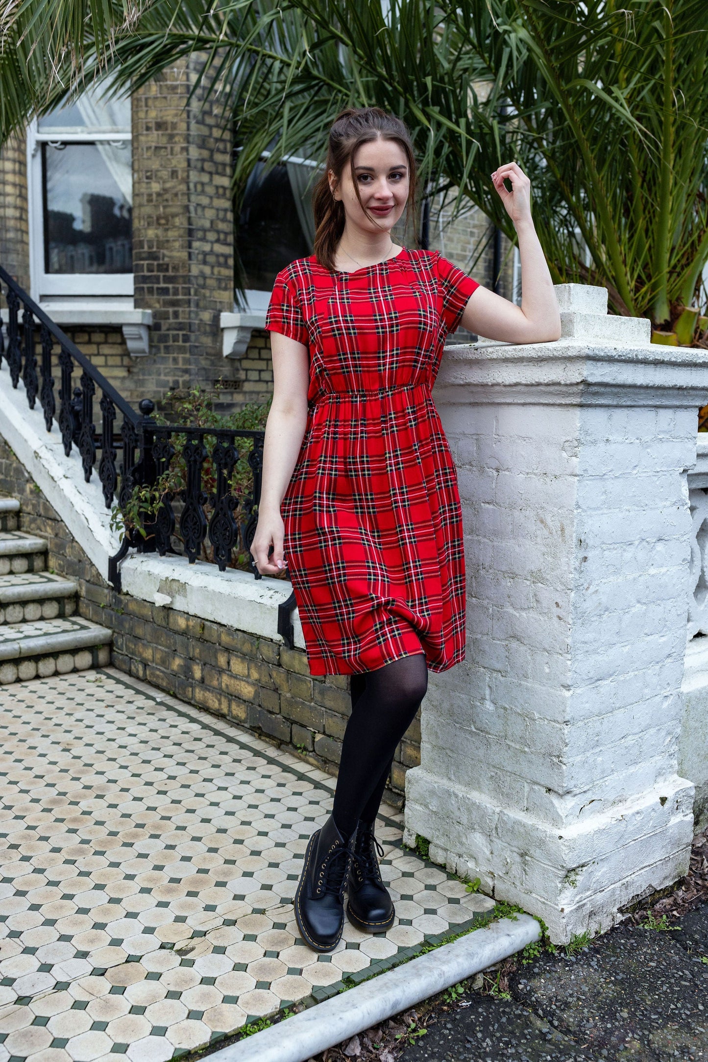 The Knee Length Breastfeeding Dress - Red Tartan Cotton Pre