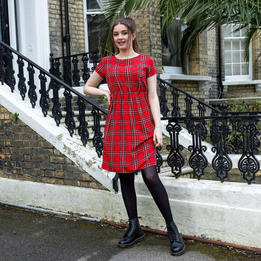 The Knee Length Breastfeeding Dress - Red Tartan Cotton Pre