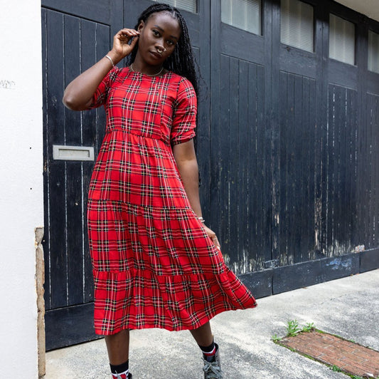 The Midi Breastfeeding Dress - Red Tartan Cotton Pre