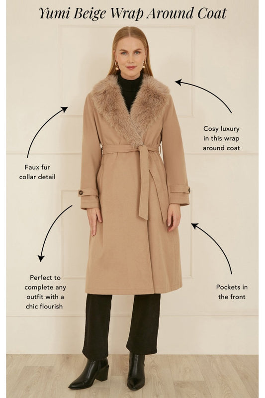Yumi Beige Wrap Around Coat With Faux Fur Collar