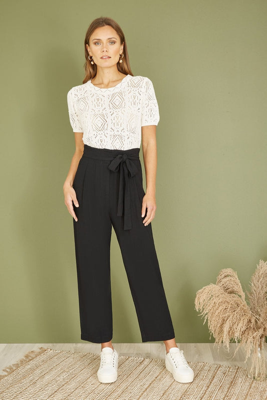 Yumi Black Linen Blend Tie Waist Trousers