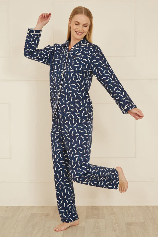 Yumi Navy Dachshund Brushed Cotton Pyjamas