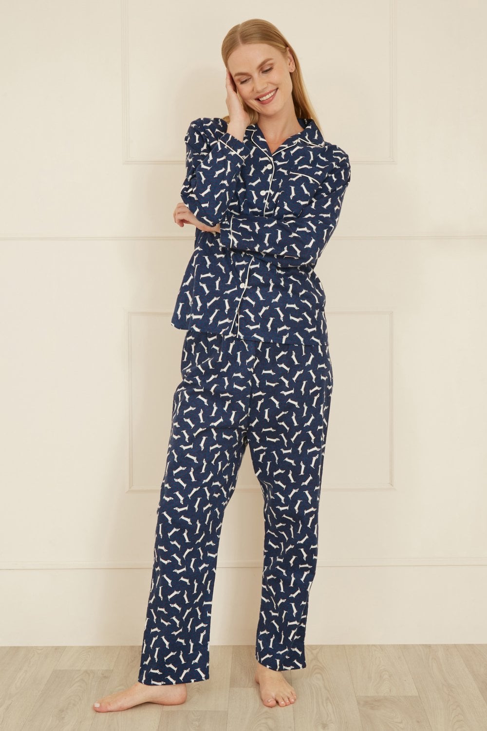 Yumi Navy Dachshund Brushed Cotton Pyjamas