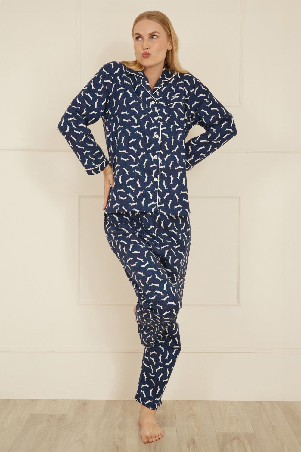 Yumi Navy Dachshund Brushed Cotton Pyjamas